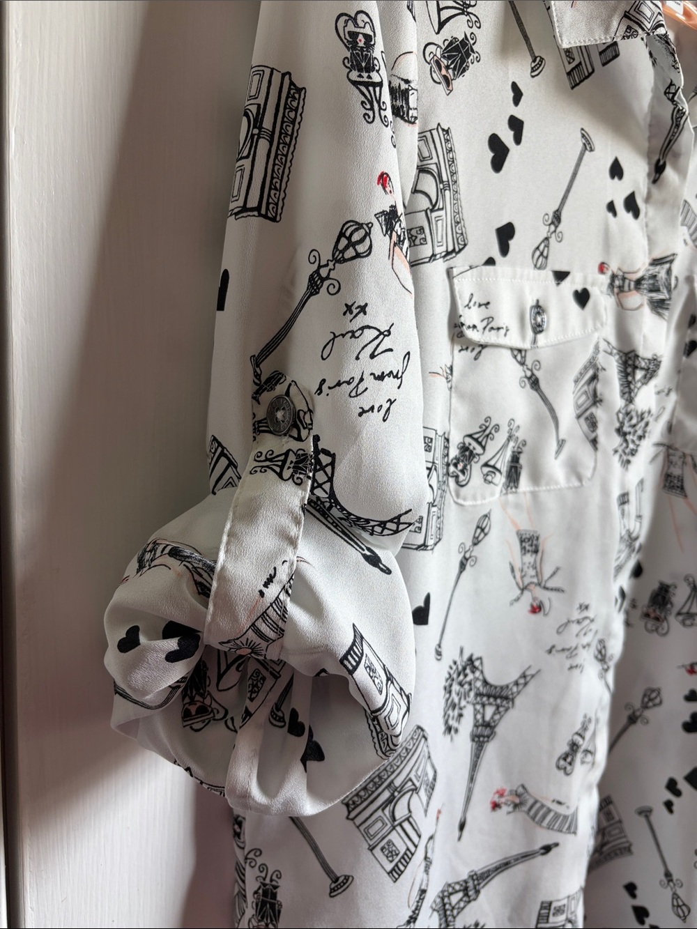 Karl Lagerfeld White Button Up Blouse Paris Heart Eiffel Tower Love - Picture 5 of 10